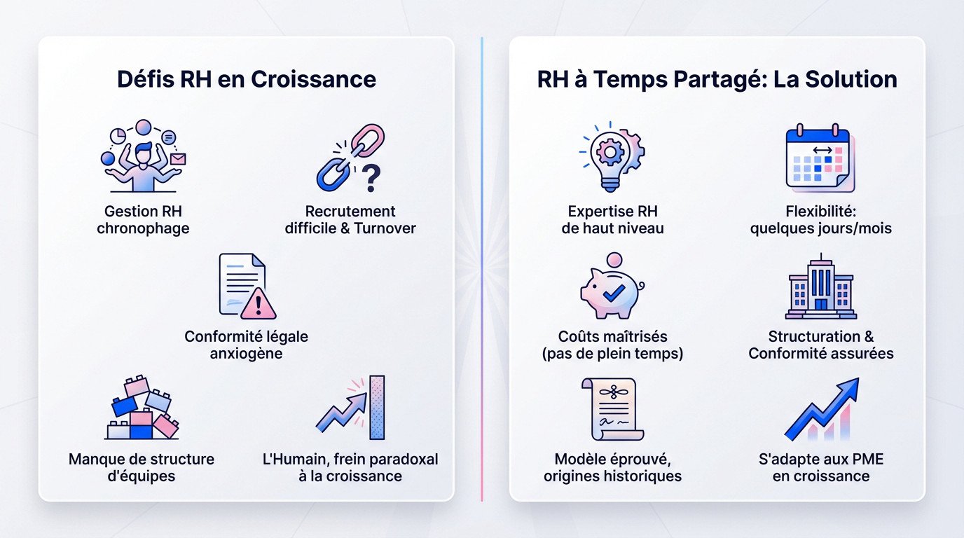 Schéma illustrant les défis RH des PME en croissance et la solution du temps partagé