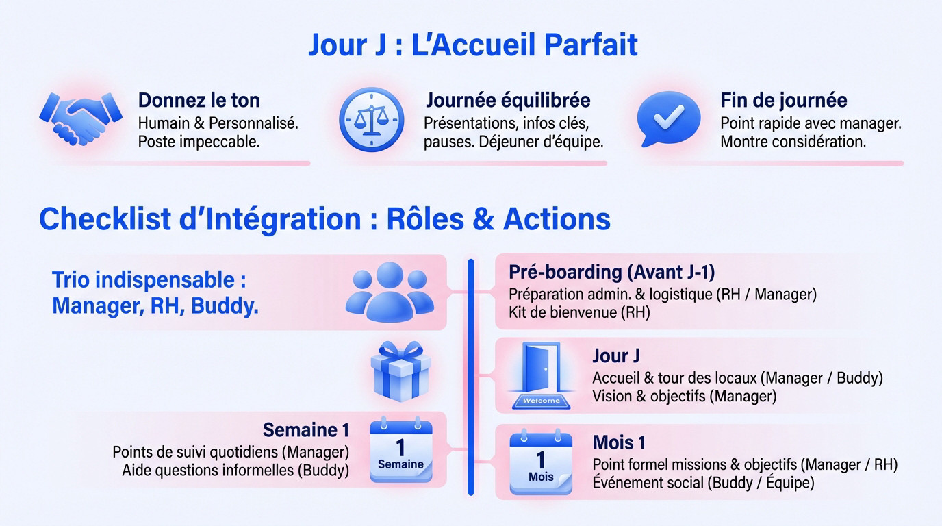 Guide visuel pour réussir le jour J de l'onboarding et checklist des rôles manager, RH et buddy