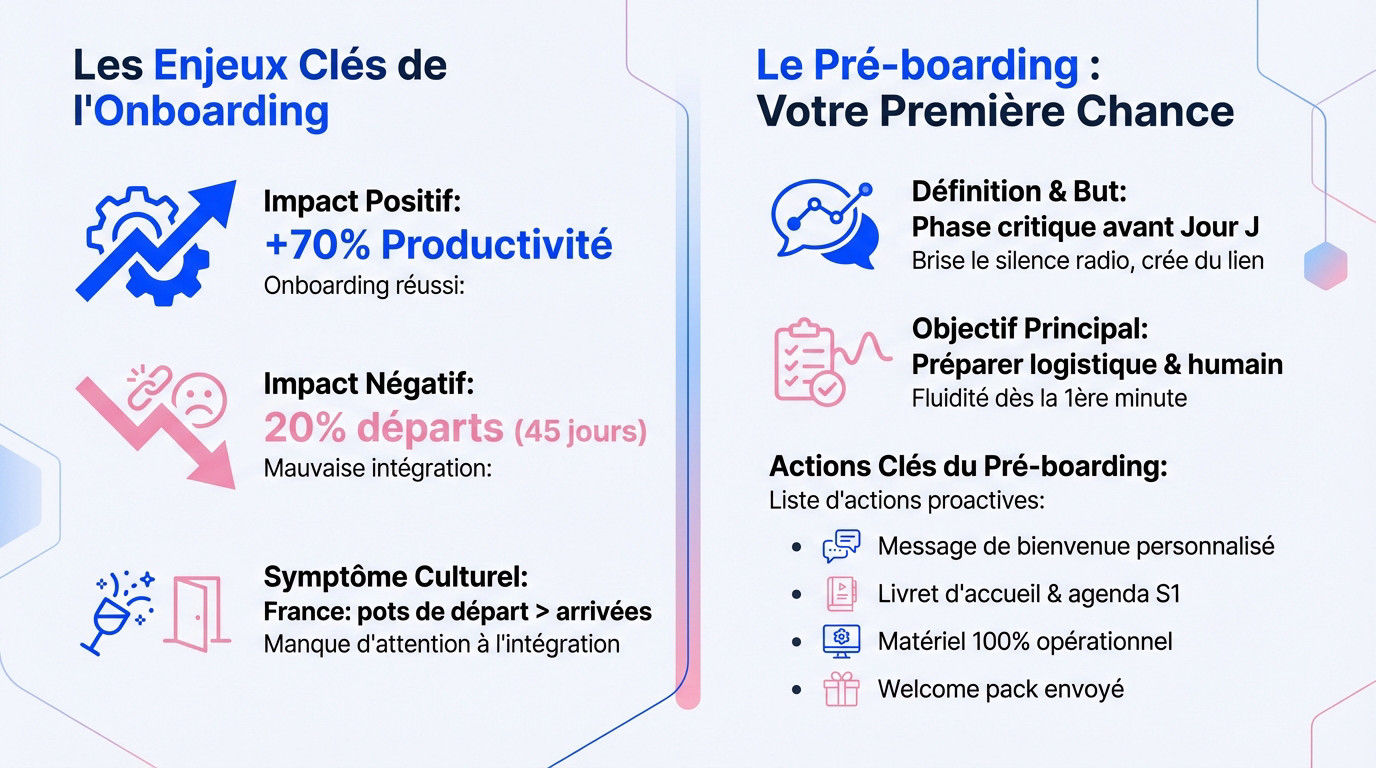 Infographie illustrant les enjeux clés de l'onboarding et du pré-boarding pour la rétention
