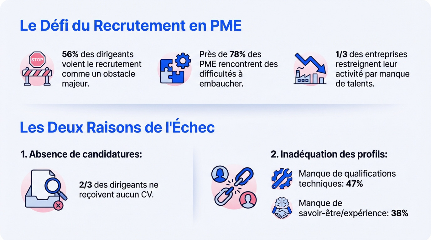 Graphique illustrant les défis majeurs du recrutement en PME et les raisons des échecs d'embauche