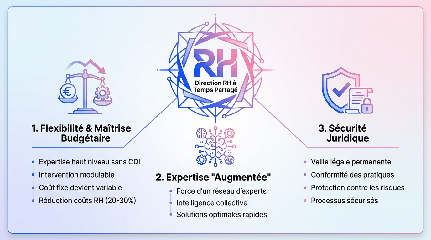 Schéma illustrant la flexibilité et l'expertise d'un DRH à temps partagé pour les PME