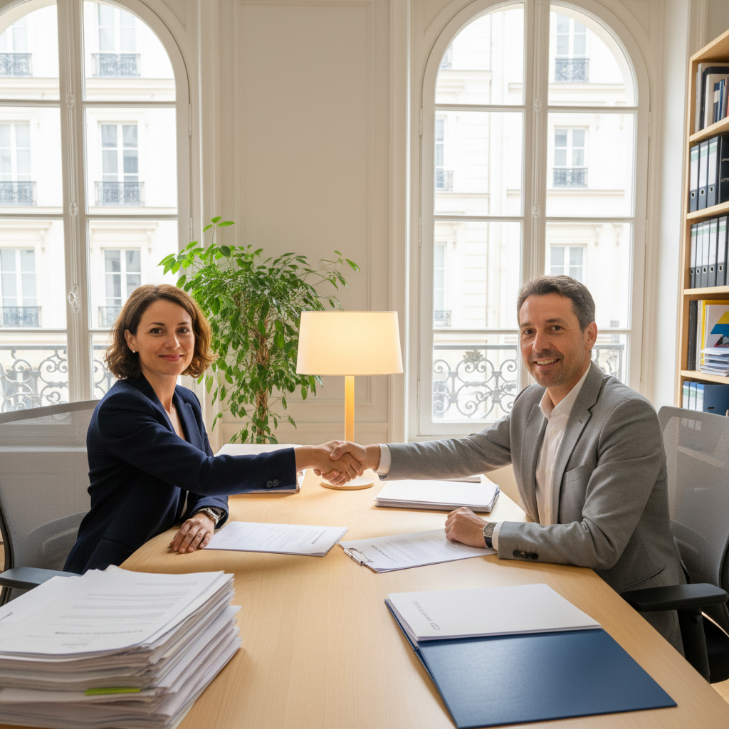 Dirigeant de PME et consultante RH scellant un partenariat