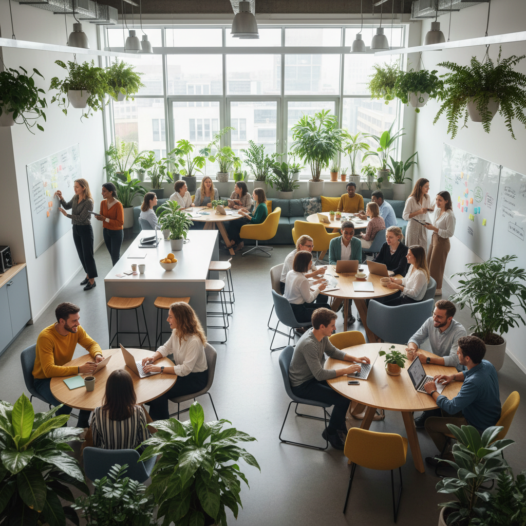 Salariés épanouis dans un environnement de travail moderne illustrant la qualité de vie et des conditions de travail